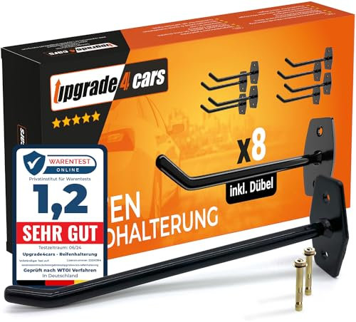 Upgrade4cars Reifen Wandhalterung für 8 Felgen | Reifenhalter Set inkl. Schrauben & Dübel | Autoreifen Halterung für die Wand | Wandhaken Garage gummiert in Schwarz