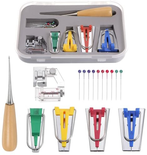 QUARKZMAN Bias Band Hersteller Kit 6mm 12mm 18mm 25mm Einzelne Doppelfalte Stoff Bias Bindung Hersteller Nähwerkzeug mit Positionierstift Quiltahle Presserfuß für Stoff Quilten Nähen Basteln