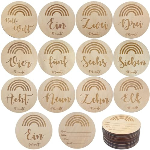 Meilensteinkarten Baby Holz 14 Stück Baby erstes Jahr Wachstum Foto Requisiten Meilensteine auf edlen Holzscheiben Baby Dusche Geschenke(14 PCS)