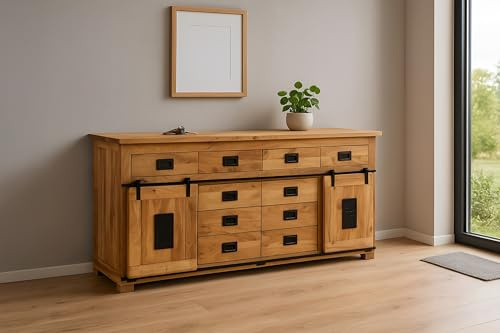 SAM Sideboard Libro III, Akazienholz massiv + naturfarben, Kommode mit 2 Holzschiebetüren, 10 Schubladen & 2 offenen Fächern, Türelemente, Griffe & Reling aus Eisen, 200 x 90 x 45 cm