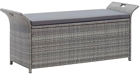 CKioict Balkonbank Parkbank Esstischstuhl für draußen Truhenbank mit Auflage Grau 138 cm Poly RattanFür Garten, Hinterhof, Rasen
