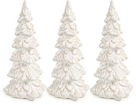 Tannenbaum-Figuren, 3 Stück: Deko Tannenbäume, Tischdeko Weihnachten, Winter & Advent, Winterdeko Keramik, Weihnachtsfiguren Baum Klein, Weihnachtsdeko Modern Innen, Dekofiguren Weiß, 15 x 6,5 cm