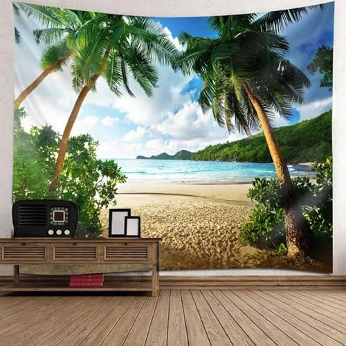 Mesnt Wandteppich Strand Groß, 210x140cm Kokosnussbaum Meer Strand Wandteppiche für Wohnzimmer Schlafzimmer, Wohnkultur | Grün Beige