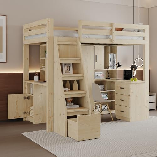 WIZBED Kinderbett Hochbett 90x200 mit Stauraum Treppe&Stauschrank&Schreibtisch&Schrank, Einzelbett mit Rausfallschutz, Holzbett Stockbett,Jugendbetten,Holzfarbe,Ohne Matratze