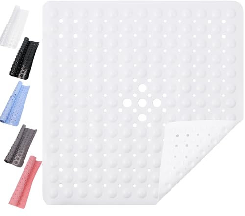 Non-Slip Shower Mat for Bathroom Safety, 53x53 cm Square PVC Material with Strong Grip Suction Cups Drain Holes Machine Washable Anti-Mould Easy to Clean Soft Touch for Children and Elderly
