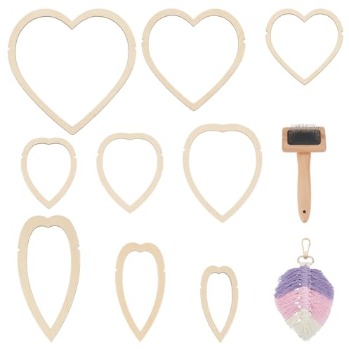 BENECREAT Juego de 10 accesorios para macramé, plantilla de madera con forma de hoja para macramé, 9 moldes de corte de 3 estilos y 1 peine de acero inoxidable para hacer borlas de plumas de macramé