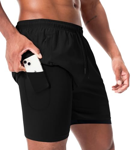 Superora 2-i-1 löparshorts för män med inbyggd telefonficka – essentiella atletiska snabbtorkande shorts för gym, träning, träning och sport, Svart, L