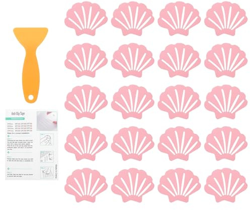 sourcing map 20Pcs Non-Slip Bathtub Stickers, 9x7 cm Shell Shape Shower Floor Non Slip Stickers with Scraper for Bathroom Shower Stairs Ladders, Pink