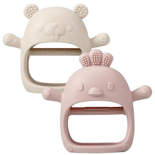 2 Pack Baby Teether Toy, BPA Free Silicone Mitten Glove Teether for Sucking Needs, Baby Teething Toys 0-3-6-12 Months, Hand Pacifier Chew Toys for Teething Pain Relief (Beige + Pink)