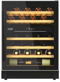 De'Longhi CA6DZ6G Vinoteca Enfriada Vino, Empotrable, Bajo Top, 134 Litros, 39 dB(A) 8 Estantes de madera, Control de Temperatura, Luz Interior, Puerta Reversible, Color Negro, Clase Energética F