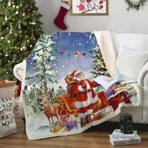 WONGS BEDDING Weihnachts Kuscheldecke 150x200 Sherpa Decke Rot Weihnachtsmann Fleecedecke Reversibel Sofadecke Couchdecke weiche warm Wohndecke als Christmas Geschenk für Sofa Bett
