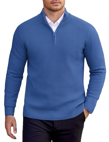 COOFANDY Jersey Cremallera Hombre Invierno Punto Suéter para Hombre Cálido Jerseys Cuello Alto Pullove Clásico Jerséis Hombres Slim Fit Azul M