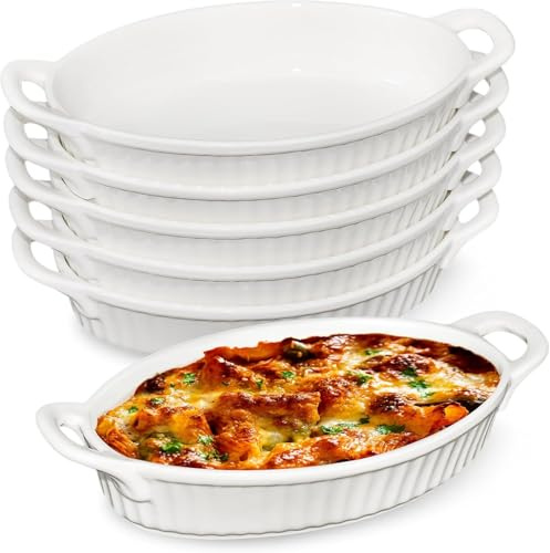 Set of 6 Au Gratin Baking Dishes, 9-inch Oval Ceramic Small Lasagne Dishes with Handles Heat Resistant Porcelain Single Serving Dishes Oven Safe for Gratin, Casserole and Roasting