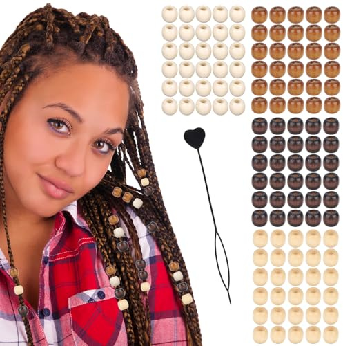 120pcs Wooden Hair Beads, 4 Colors 0.47x0.39in Large Hole Wooden Beard Beads with Hair Threader for Braids & Dreadlock Jewelry Crafting Making DIY Craft Accessories for Kids Adults Women & Men