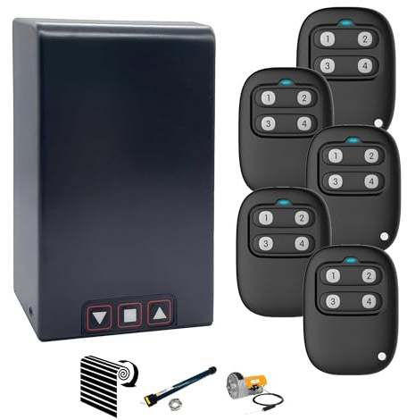 AMZsystems Cuadro de Maniobras para Motor de Puerta Enrollable, 230V, Kit con 5 Mandos a Distancia, Pulsadores Exteriores, Salida Fotocélula, 433MHz Rolling Code, Gris