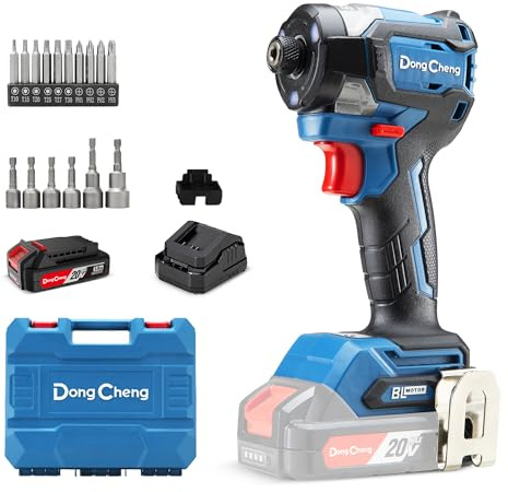 Dong Cheng 20V 208N.m Torque Brushless Impact Driver, 1/4 Hex Chuck | 1/4 Inch, 3300 RPM, LED Work light, 2.0Ah Battery Included