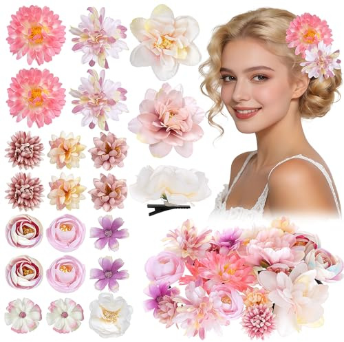 Bafutayawa 21 Stück Haarspange Blume für Damen & Mädchen, Blumen Haarklammer Set für Hochzeit & Strand, Boho Haarschmuck Braut Rose Pfingstrose, Rosa Weiß