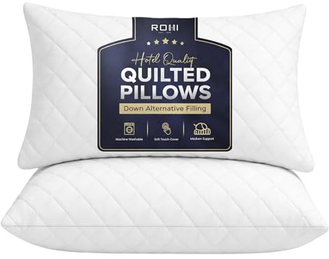 Rohi Microfibre Quilted Bed Pillows Pack of 2 | Down Alternative Hotel Quality Pillows | Anti-Allergy & Breathable | 45 × 66 cm