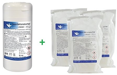 KK Desinfektionstücher Set, praktische Spenderdose mit 120 Desinfektionstüchern und 3 Nachfüllbeutel mit 120 gebrauchsfertigen Tüchern, Duftsorte: Classic, Flächendesinfektionsmittel