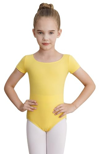 WEGETIT Gymnastics Leotards for Girls Ballet Dance Toddler Leotard Short Sleeve Bodysuit (Yellow, 4-6 Years)