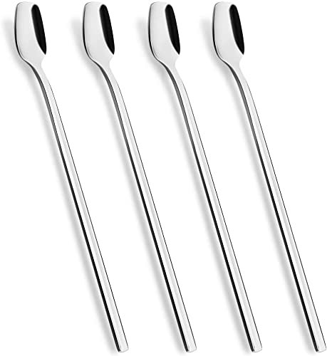 Cucharilla helada de mango largo de 8 pulgadas, acero inoxidable mezclando cucharas cuadradas para cóctel, helado, batido, bebidas frías, café helado (plata, 4 piezas)