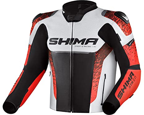 SHIMA STR 2.0 Giacca da moto - Pelle, giacca sportiva con protezioni per schiena, gomiti, spalle, pelle traforata, per tuta 2 pezzi (Rosso Fluo, 56)