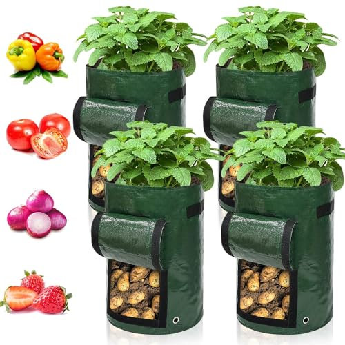 Ram® 4 Pack 7 Gallon Potato Grow Bag set. Garden Plant Bags for potatoes, carrots, tomatoes, cucumbers and other Vegetables. Made in Green Polyethylene Complete