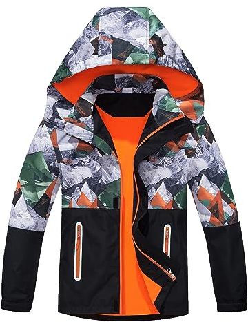 CAMLAKEE Chaqueta Impermeable Niños Chubasquero Camuflaje Abrigo Colorblock con Forro Naranja 11-12 años Talla 150