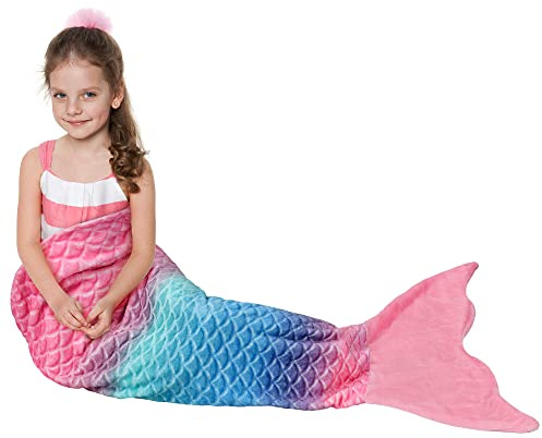 Catalonia Classy Mermaid Tail Blanket, Soft Warm Plush Fleece Sleeping Bag Snuggle Blanket for Teens 155 x 51 cm Rainbow Ombre, Fish Scale Pattern, Pink