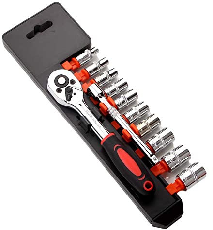 LSHK Set di chiavi a cricchetto da 1/4, kit di attrezzi meccanici e prese con impugnatura a cricchetto reversibile a sgancio rapido e barra di estensione, set da 12 pezzi