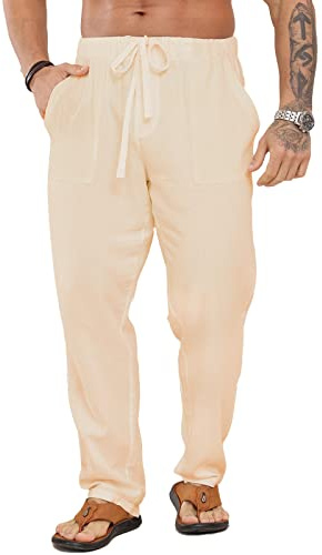 Halfword Pantalones Lino Hombre Verano Casuales Anchos Largos Pantalon Blanco Playa Yoga Beige XXXL
