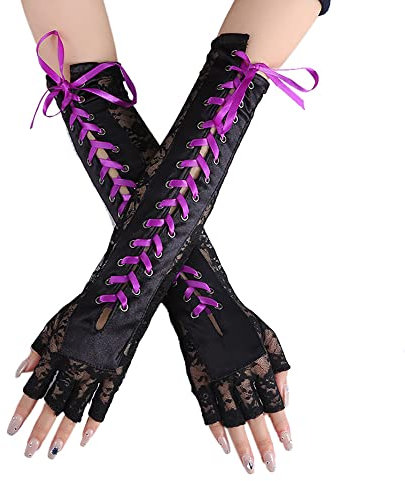 Duories 1 Paar Fingerlose Damen Lange Spitzenhandschuhe zum Binden,Verstellbare HandschuheZeremonielle Ballhandschuhe,Fasching Kostüm Accessoires,Für Halloween-Verkleidung, Maskerade, Mottoparty,Lila