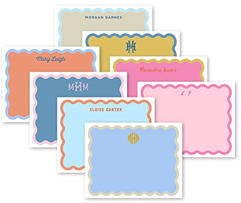 Preppy Jones Personalized Monogram Scallop Wave Border with Fill Flat Card Stationery Set, colorful stationary, personalized gift for women