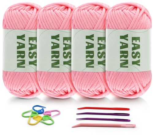 Riddur 4 Stück Rosa Garn, Häkel- und Strickgarn für Anfänger, gut Sichtbare Maschen, Grobes, Dickes Baumwoll-Nylon-Mischgarn, Garn Zum Häkeln mit Häkelzubehör (4 X 50 g)