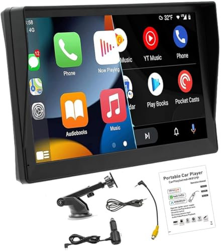 Portatile Autoradio Wireless Apple CarPlay e Android Auto con Parasole, Monitor Touchscreen da 9 Pollici Autoradio Bluetooth con DVR, trasmettitore Mirror Link/FM/AUX per Veicoli 12V-24V