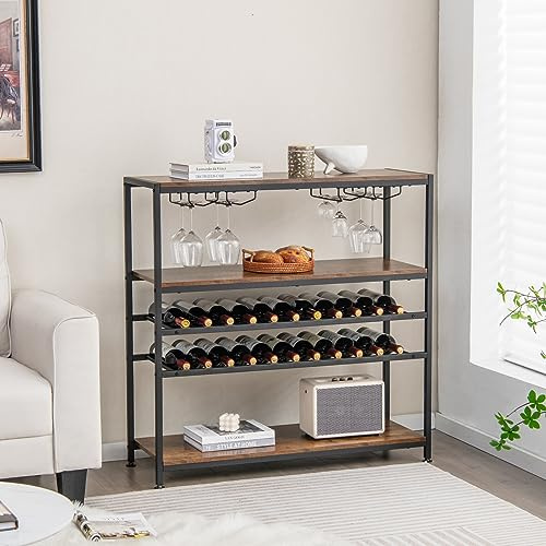 GOPLUS Étagère à Vin 22 Bouteilles, Meuble Rangement avec 4 Rangées Porte-Verres et 3 Étagères de Rangement, 5 Niveaux Casier à Bouteilles de Vin pour Cuisine/Garde-Manger/Cave/Bar