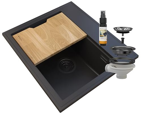 Granitan Waschbecken mit Küchenbrett und Imprägnierung, FOXAL, Schwarz | hochwertige hitzebeständig Küchenspüle, Schwarz, Granit Spülbecken mit manuellem Siphon