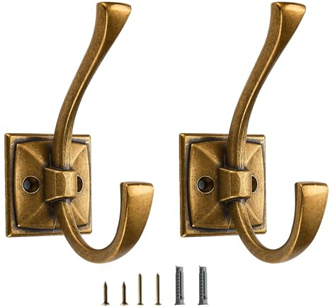 CABDM 2 Stück dekorative robuste Handtuchhaken zum Aufhängen von Bademänteln, doppelte Vintage-Antik-Messing-Kleiderhaken, Wandmontage, mit Schrauben für Schlüssel, Handtücher, Taschen, Tassen, Hüte