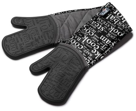 Zeal Silicone Double Oven Gloves, Heat, Steam and Water-Resistant Mitts with Quilted Fabric Inner, Non-Slip Grip. Perfect for Cooking and Baking. Machine Washable, Black