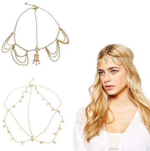 LuLiyLdJ 2 Stück Kopfschmuck, goldfarbene Kopfkette, Boheme-Haarband, orientalischer Kopfschmuck, für Frauen und Jugendliche, Geschenke