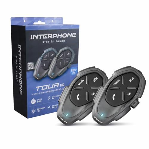 INTERPHONE TOUR HD - dubbel intercom motorcykelhjälm 40 mm stereohörlurar med hög trohet 4 motorcyklister, avstånd 1,5 km, autonomi 25 timmar, snabb laddning, TFT, IPX67 vattentät
