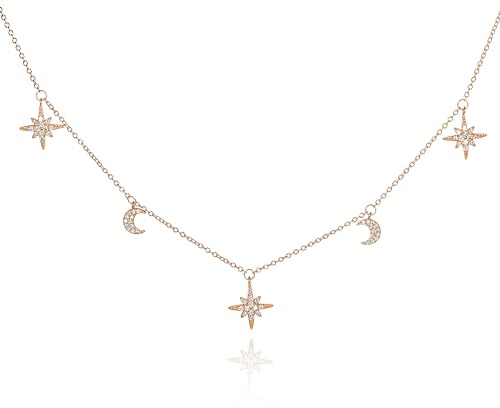 Diamond Treats Collier Breloque en Lune et Etoile en Argent Sterling 925, Collier Ras de Cou Femme avec des Breloques serties de Pierres en Zirconia, Collier Femme Argent, Or Jaune ou Or Rose