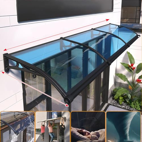 Türdach Pultbogenvordach Vordach aus Aluminium Schwarzer Ständer Blau Polycarbonat für Eingangstür Vordach Haustür Eingangsmarkise Regenschutz,Automatische Entwässerung (120 x 600cm)