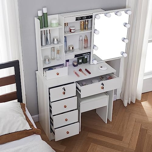 Buildonely Sminkbord med 10 LED-lampor, justerbar ljusstyrka, sminkbord med spegel och pall, 6 lådor, modern, vit, 36 x 80 x 131 cm