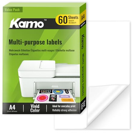kamo Carta Adesiva Bianca Premium – 60 fogli, Etichette adesive opache stampabili per stampanti laser e inkjet, A4, 210 x 297 mm, 1 Adesivo per Foglio
