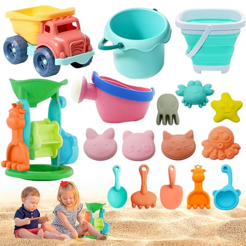 Sand Toy Beach Toys Bambini, 17 Pezzi Giocattoli da Spiaggia, Giocattoli Sandbox con Secchio Pieghevole, Pala, per 1-5 Giovani Ragazze