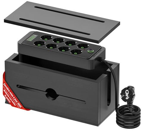 Boîte à câbles en Bois avec multiprise, Organisateur de Station de Charge avec 8 Prises,4USB &1charge Rapide de Type C,Protection Contre Les surtensions avec câble d'extension de 200cm pour Le (Noir)