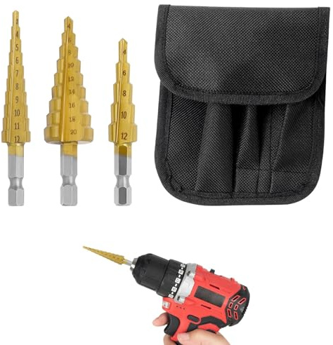 HSS Step Drill Bit Set,3 Pcs Step Drill Bit for Metal Set,Hole Cutter Drill Bit,High Speed Steel Step Cone Drill Bits for Hard Metal Stainless Steel Wood Drill Hole Cutter Bits(4-20mm, 4-12mm, 3-12mm)
