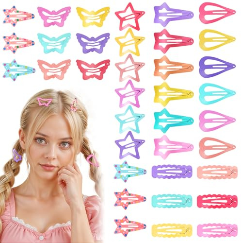 36Pcs Cute Hair Clips for Girls, Snap Hair Clips, Cute Star Butterfly Heart Pattern Barrettes for Girl Baby Toddlers Hairpin Accessories Gift 6 Styles Colorful