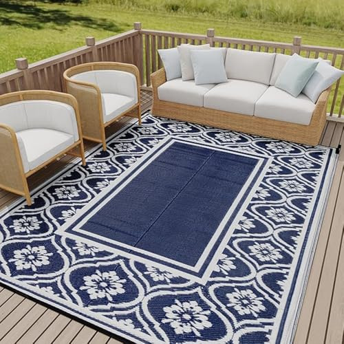 Hiseng Outdoor Teppich Wetterfest, Modern Balkon Camping Teppich, Kunststoff Stroh Outdoorteppich, Wasserfest Terrasse Matte, UV-bestandig Faltbar Rug Carpet für Garten RV (Dark Blue,122x183cm)